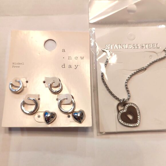 A New Day Heart and Hoop Nickel Free Earrings and Heart Necklace Set NWT - Picture 1 of 4